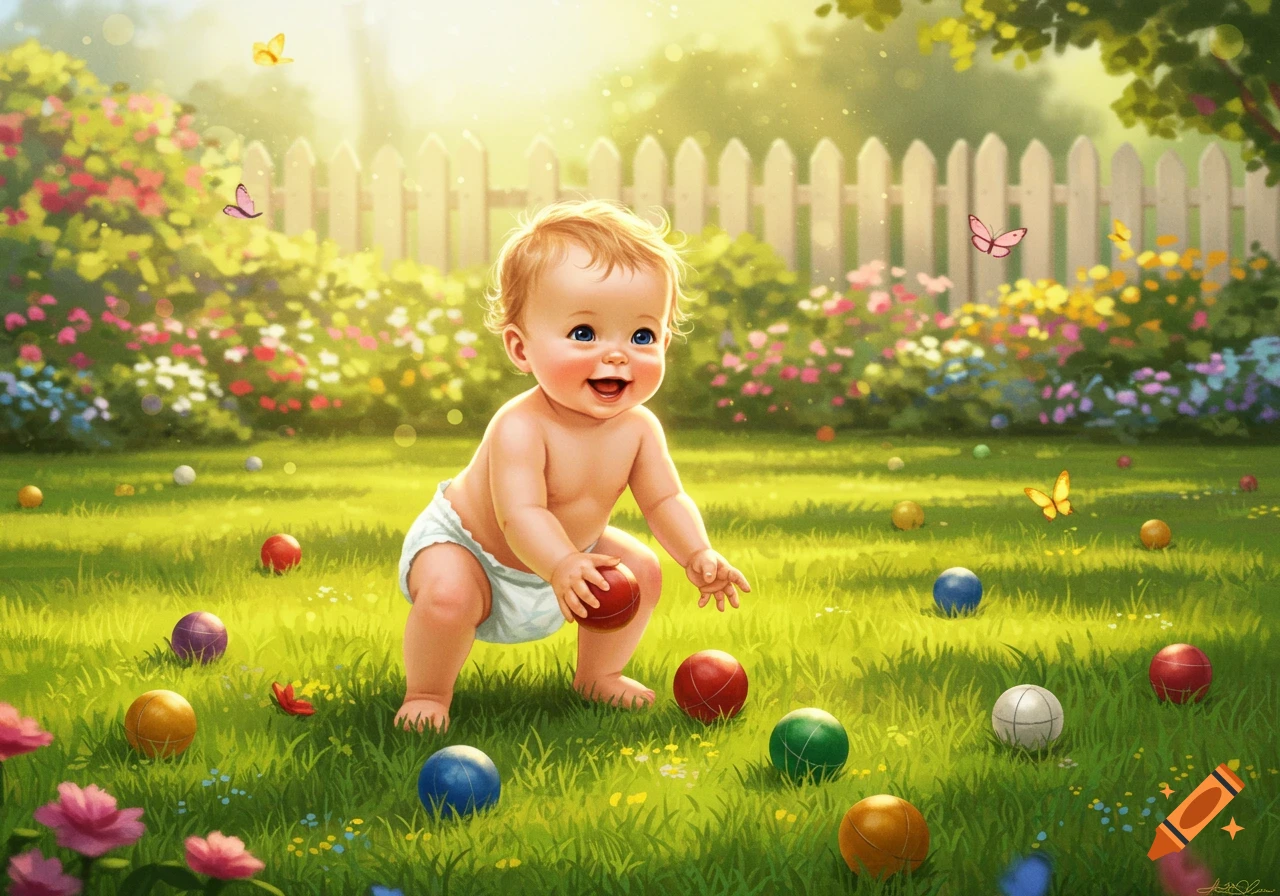 A happy baby in a diaper plays with colorful balls in a bright, sunny garden with flowers and butterflies, in an illustration style.