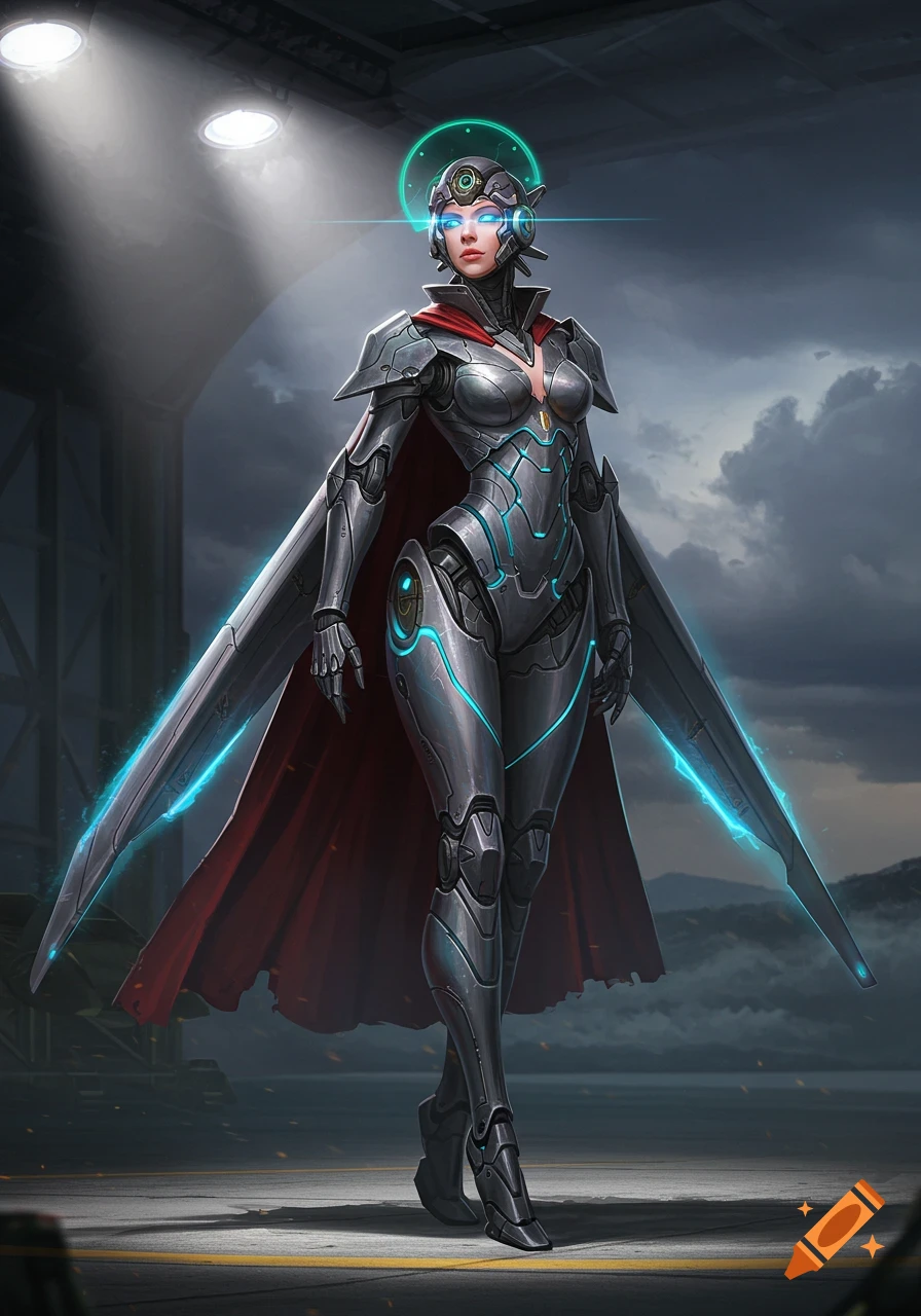 A female cyborg in futuristic silver and blue armor with a red cape and jet-like wings stands in a hangar.