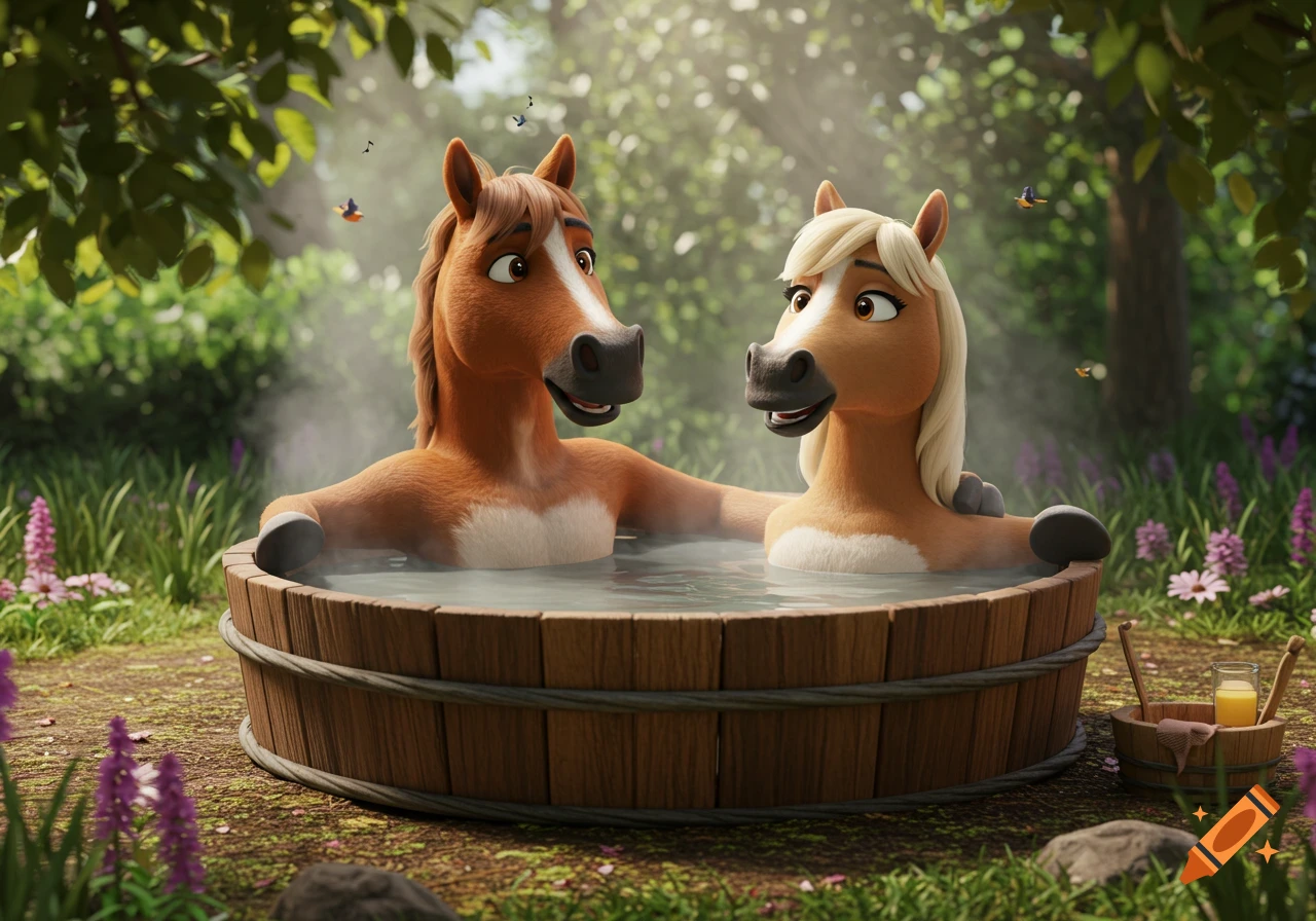 Two happy anthropomorphic cartoon horses relax in a wooden hot tub outdoors amidst greenery and flowers, 3D animation.