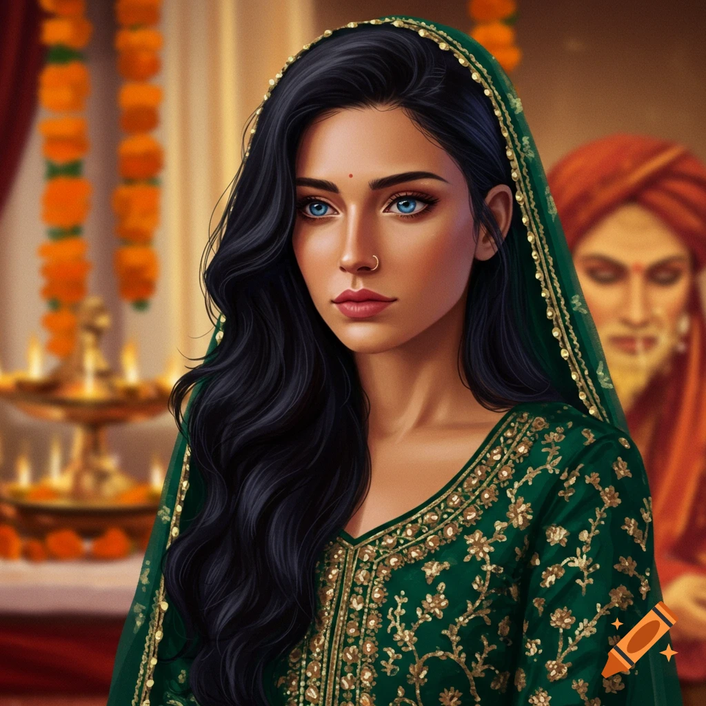 A young woman with dark hair and blue eyes wears an ornate emerald green South Asian wedding dress, in a softly lit, decorated room. Digital painting.