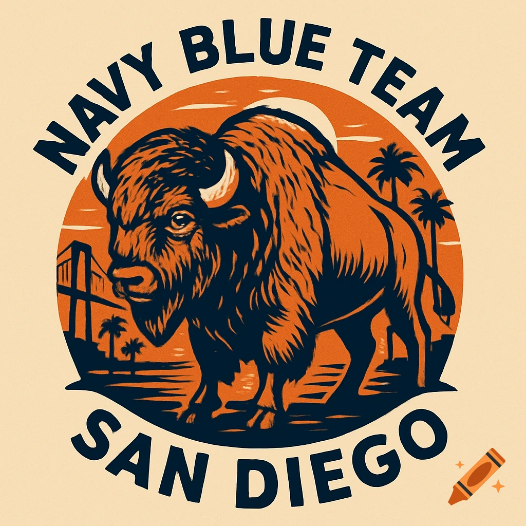 A retro illustration of a dark blue buffalo in front of an orange sun, a bridge, and palm trees, with "NAVY BLUE TEAM" and "SAN DIEGO" text.