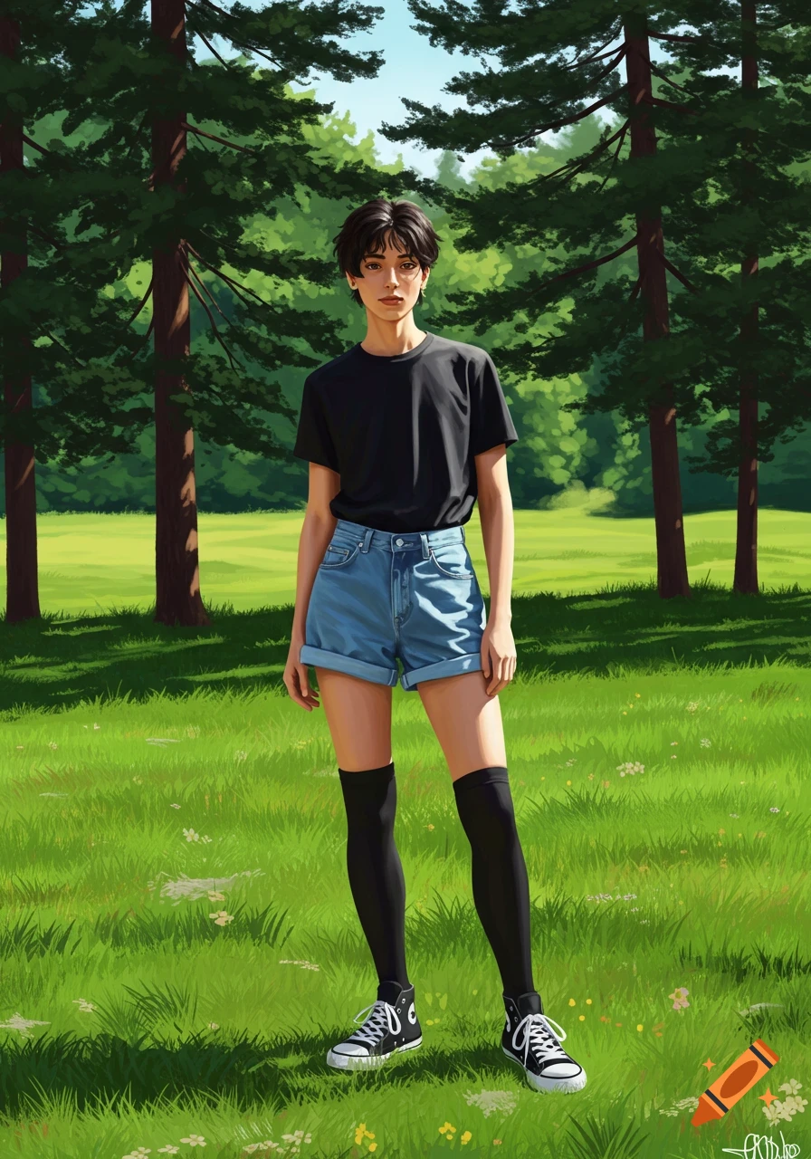 A young person with short dark hair stands in a grassy field wearing a black t-shirt, denim shorts, black knee-high socks, and black sneakers.