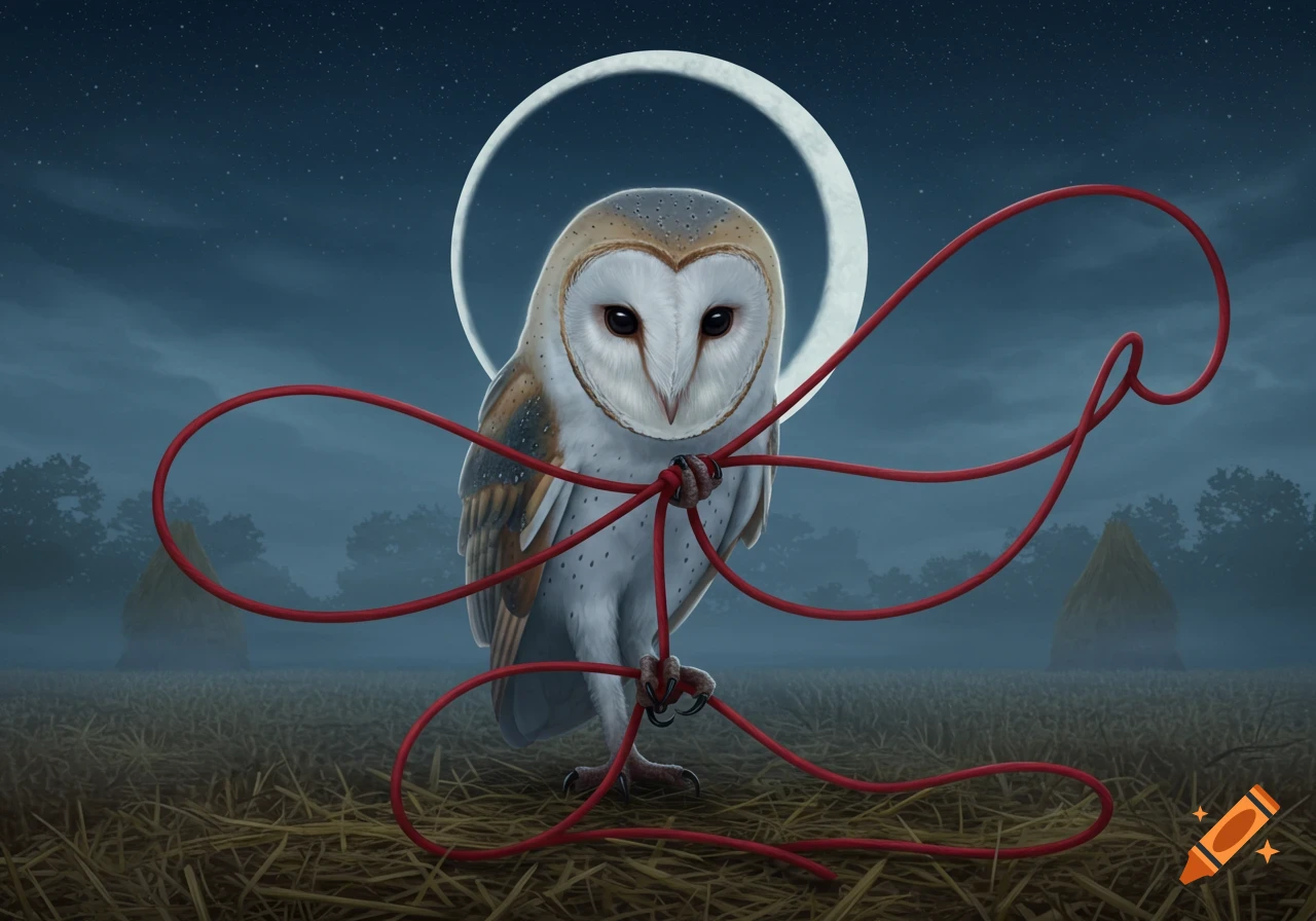 An illustrative barn owl with a crescent moon halo, holding a red rope in its talons, stands in a dark field at night.