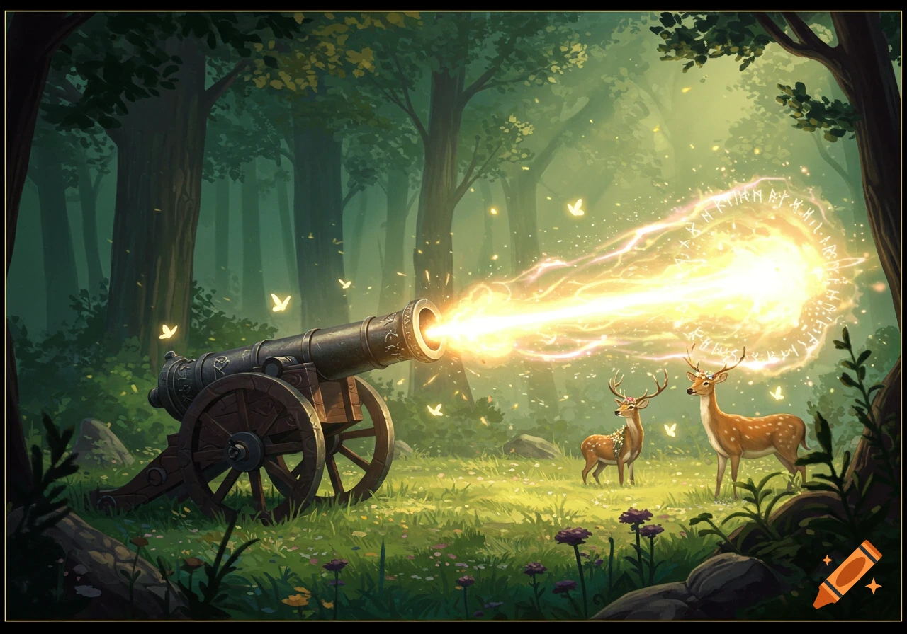 A magical cannon fires a golden energy blast in a bright forest with two deer wearing flower crowns.