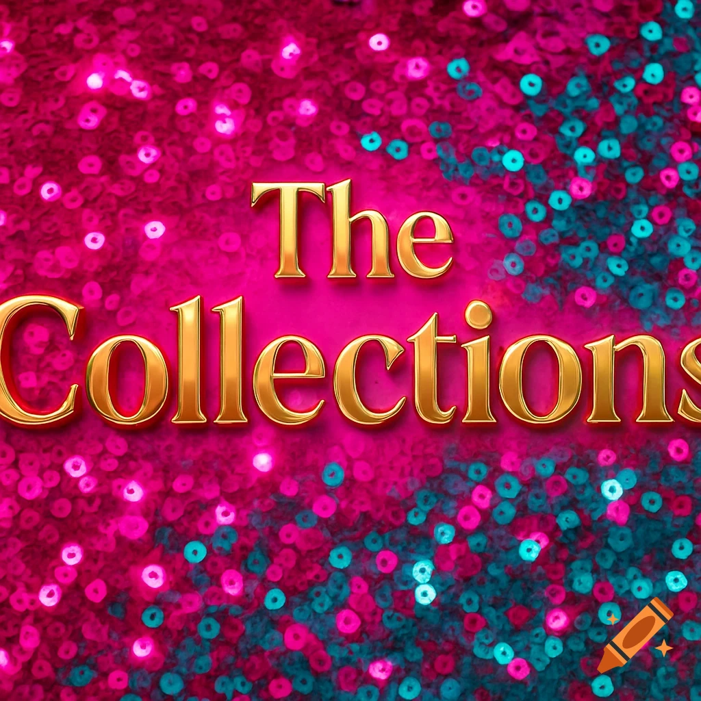 Bold metallic gold text 'The Collections' on a shimmering background of hot pink and teal sequins.
