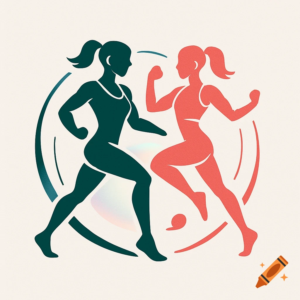 Stylized fitness logo with two female figures in teal and red, running or posing actively against a light background.