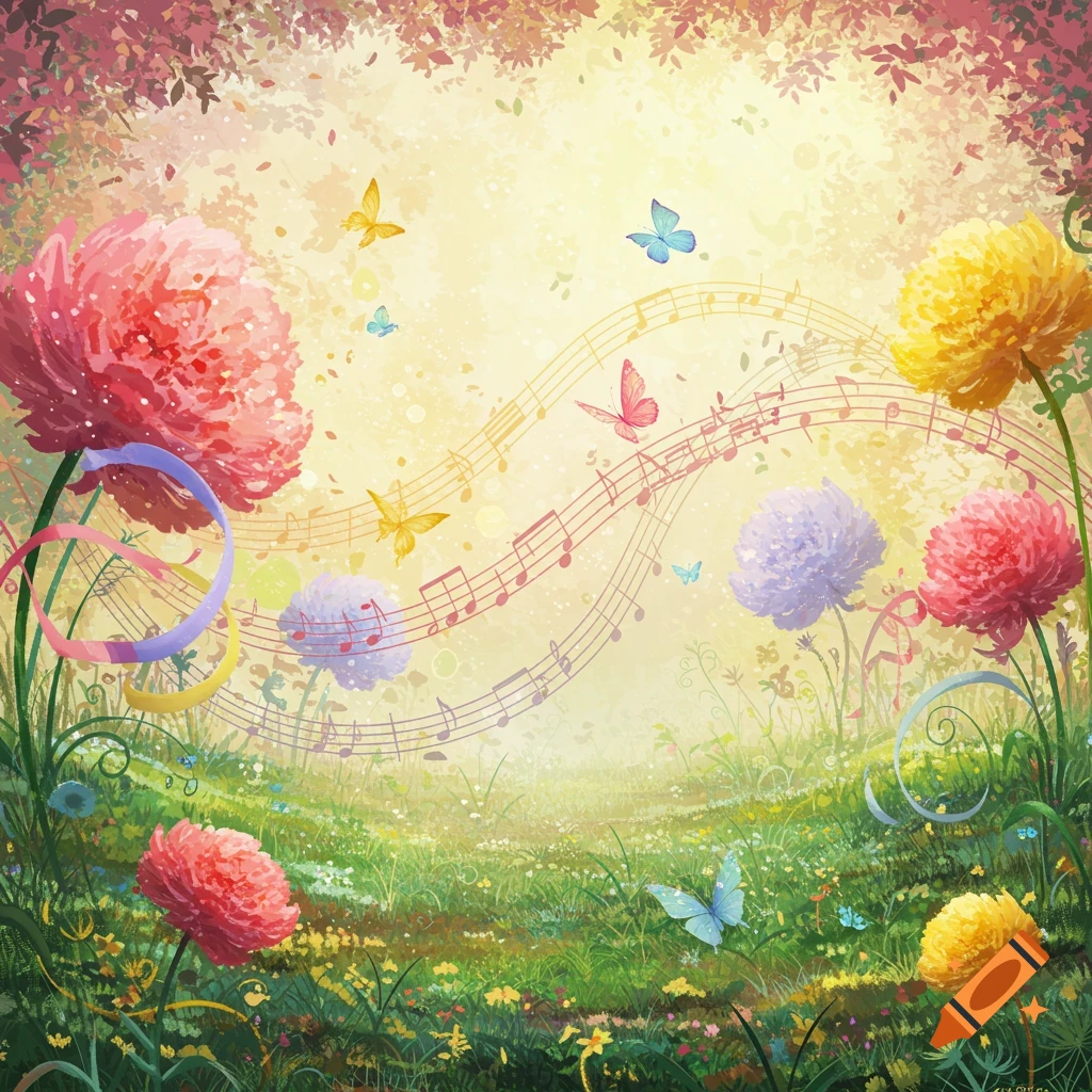 A whimsical garden illustration with colorful flowers, butterflies, and musical notes curving through a sunny, ethereal background.