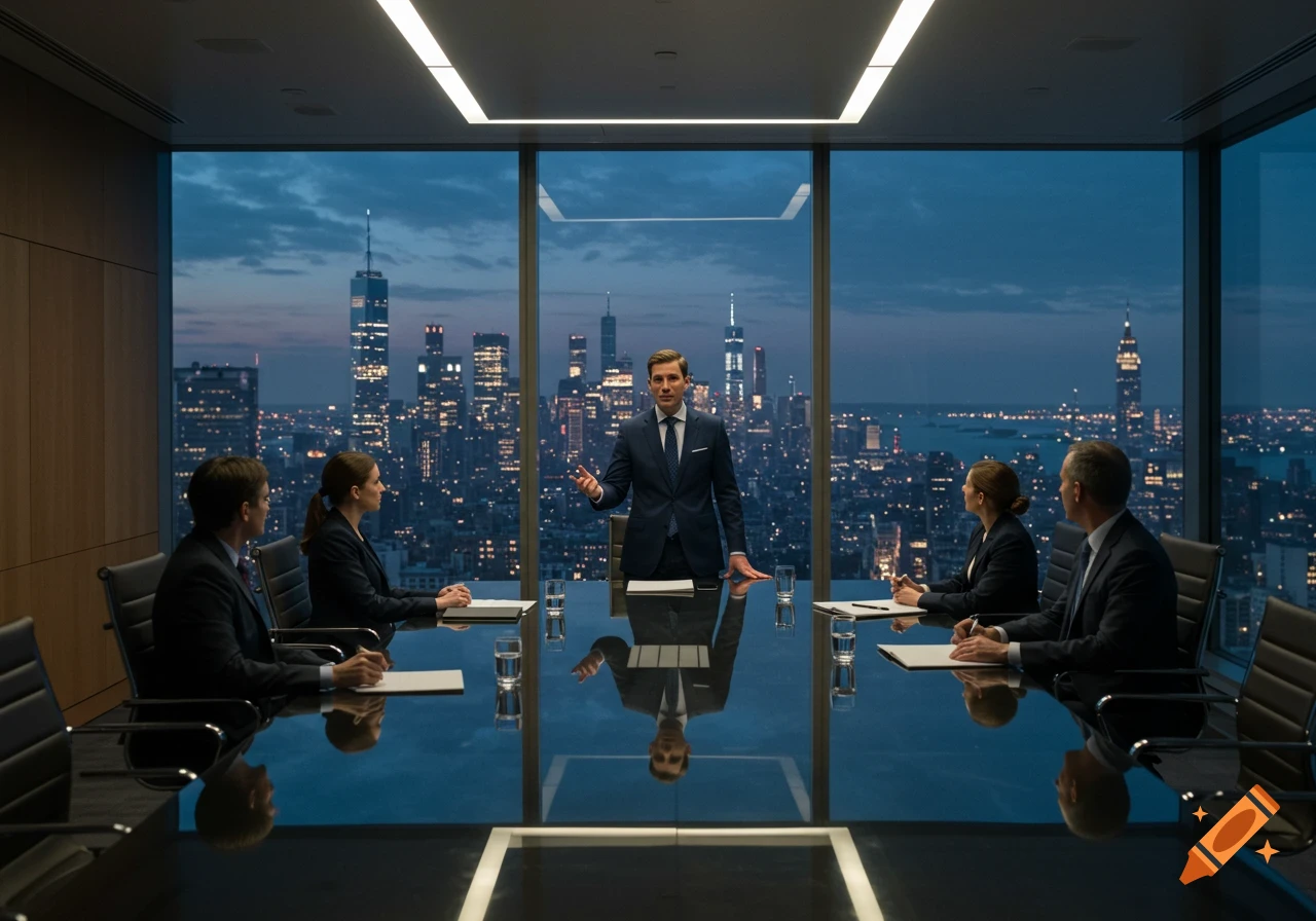 A photorealistic image of a CEO standing and leading a board meeting in a modern conference room overlooking a city skyline at dusk.