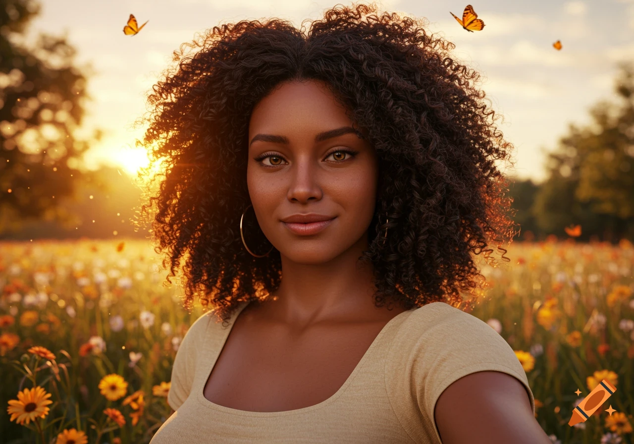 Photorealistic portrait of a smiling woman with curly hair, standing in a sunlit field of wildflowers with butterflies.