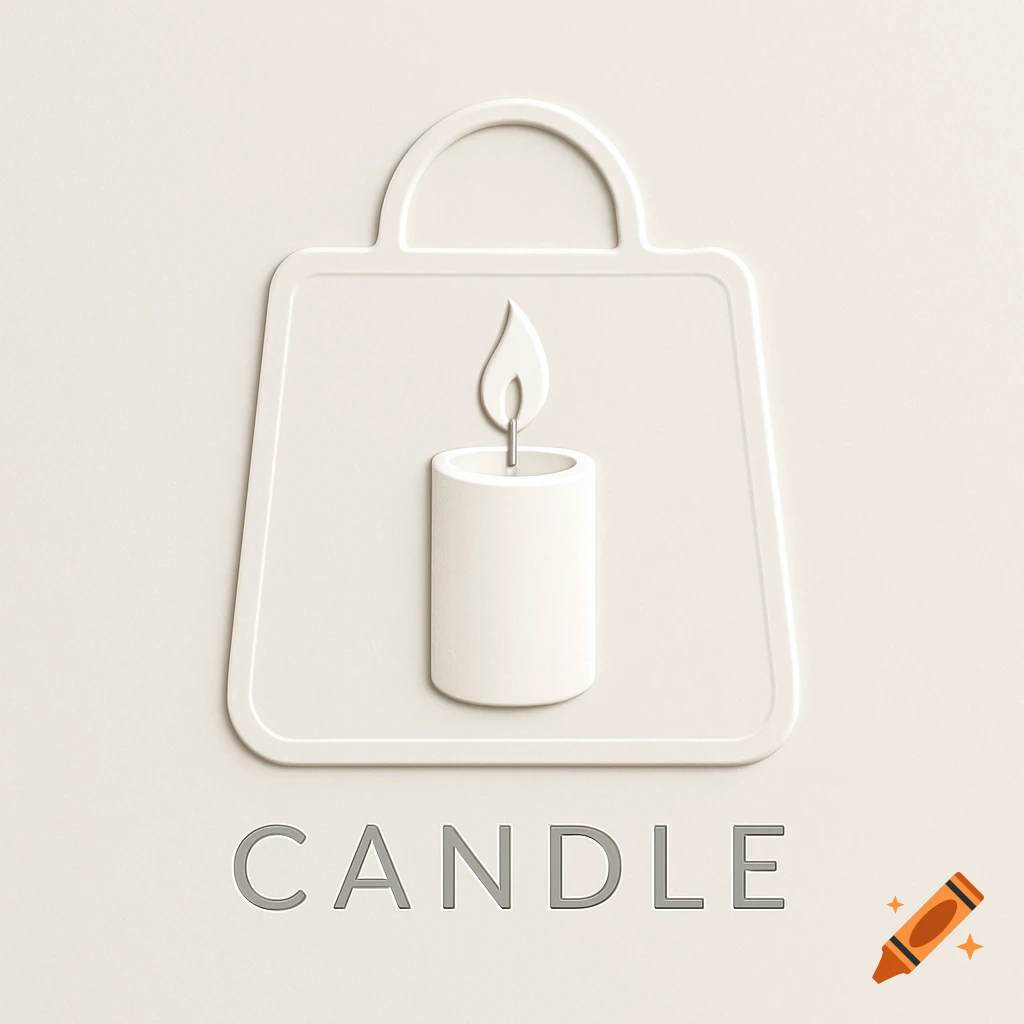Minimalist white embossed logo of a burning candle inside a shopping bag shape, with 'CANDLE' text below on a light background.