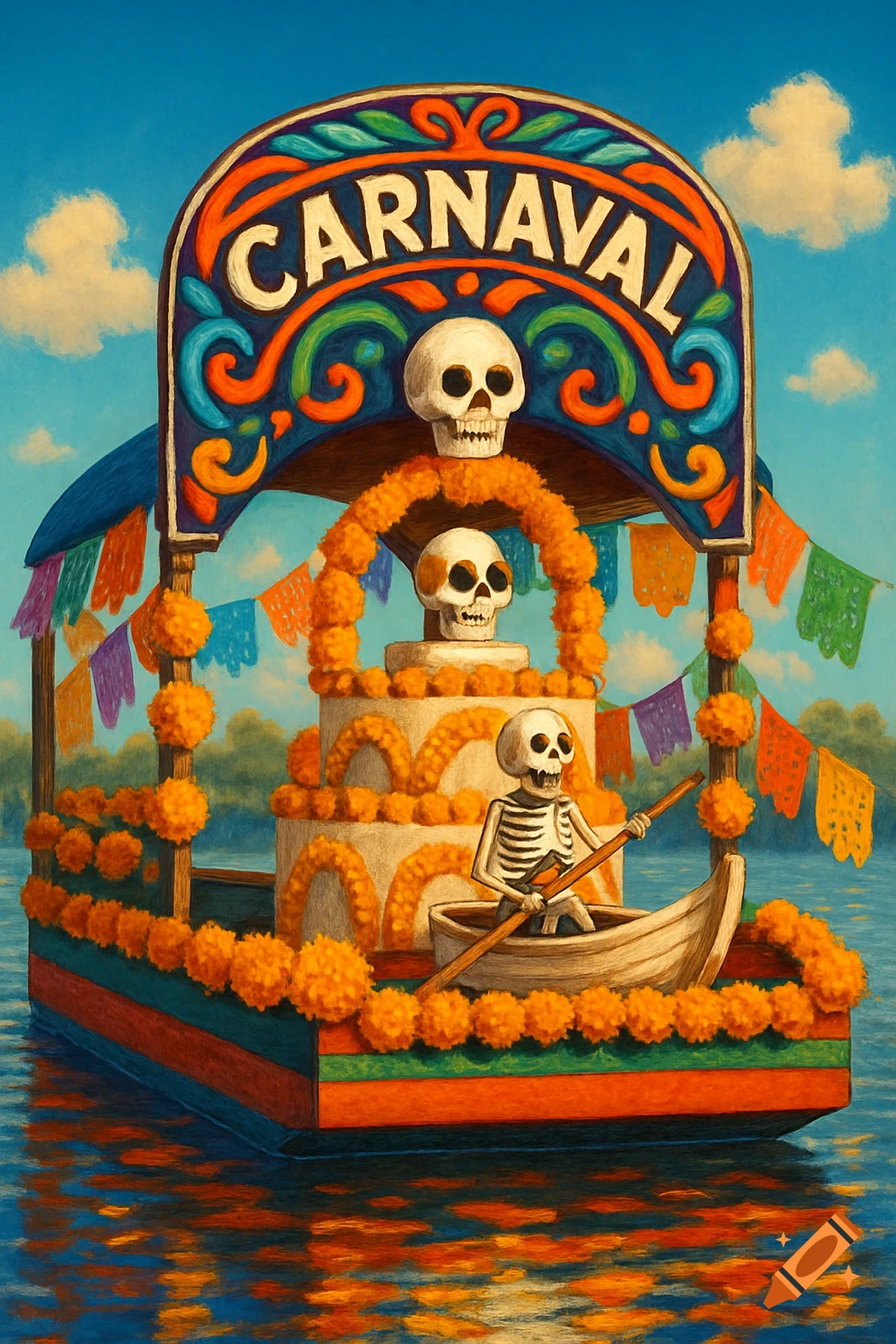 Vibrant Mexican carnival float with 'CARNAVAL' sign, marigolds, skulls, and a skeleton rowing a boat on water.