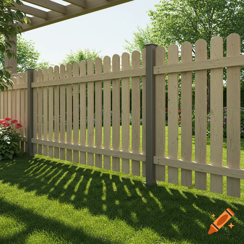 Photorealistic image of a light wood picket fence with grey posts in a sunny garden with green grass and trees.