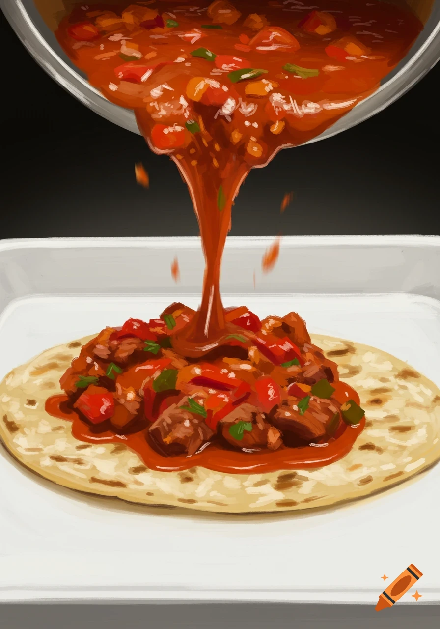 Painterly illustration of red stew with meat and vegetables being poured from a pan onto a tortilla in a white tray.
