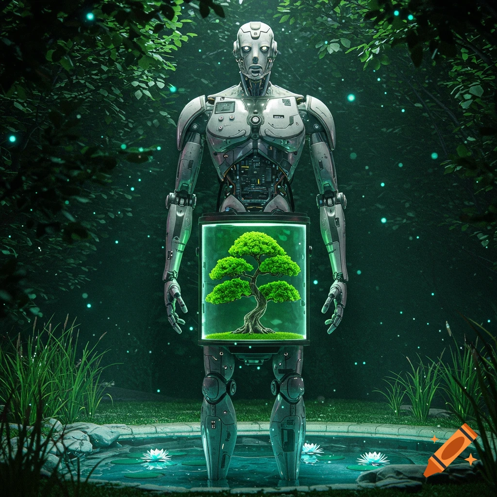 A photorealistic humanoid robot with a green bonsai tree in its chest stands in a dark, mystical forest with a glowing pond.