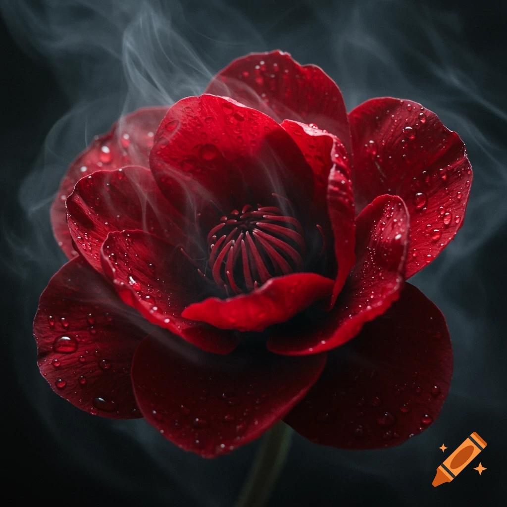 Close-up of a deep crimson flower with water droplets and faint mist, hyper-realistic with dramatic shadows.