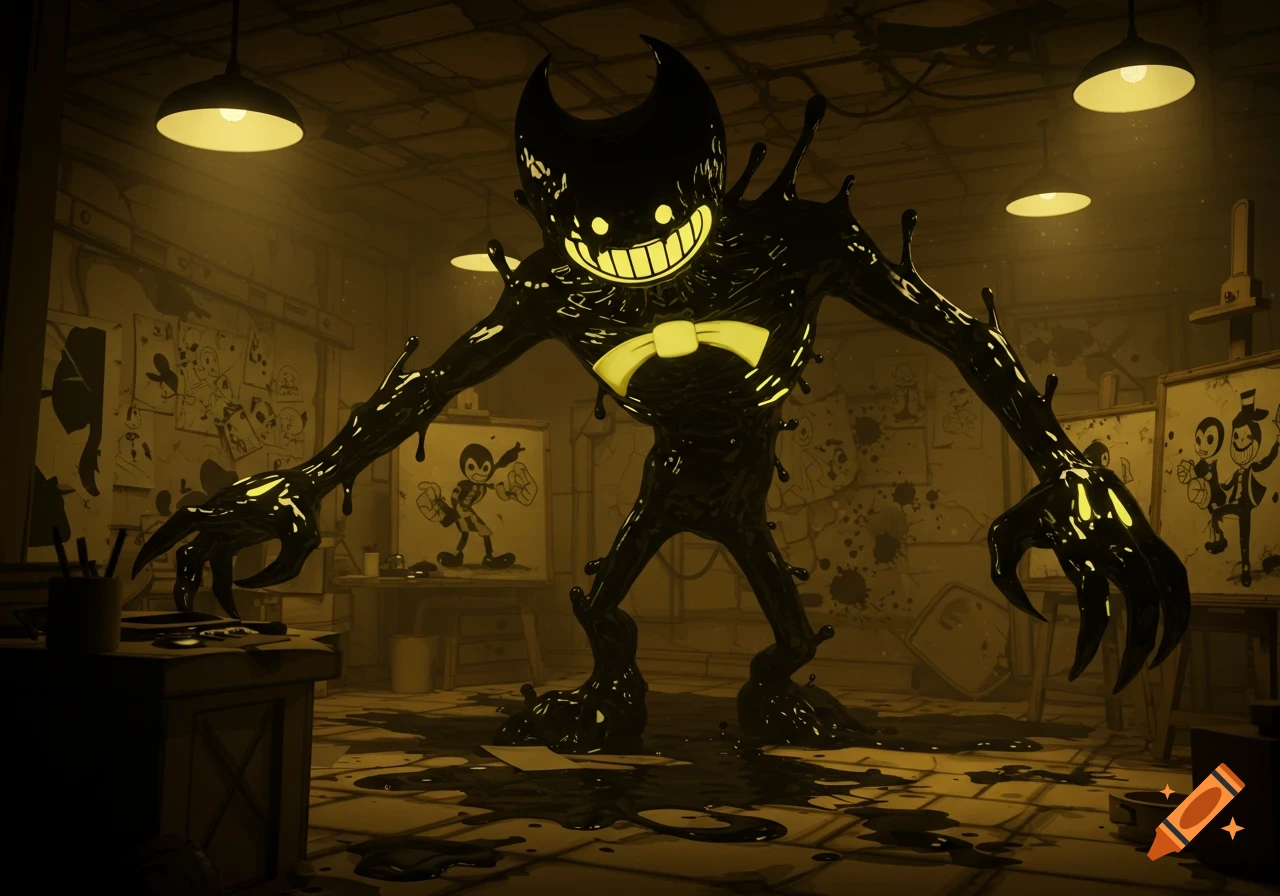 A 3D render of a creepy black and yellow Ink Demon with a wide grin, standing in a dim, ink-splattered art workshop.