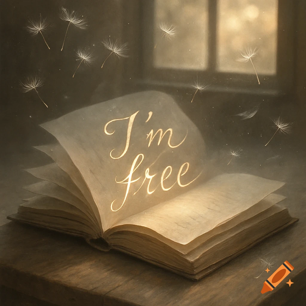 An open, glowing book on a wooden table reads "I'm free", with dandelion seeds floating in the air.
