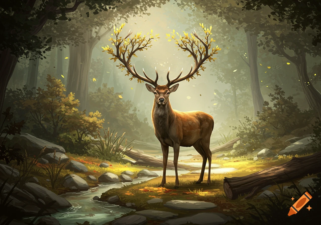 A majestic deer with tree-like antlers adorned with golden leaves stands in a sunlit, enchanted forest with a stream.