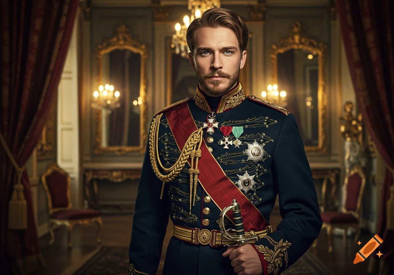 Photorealistic portrait of a man in an ornate historical military uniform with a red sash and medals, holding a sword, in a grand palace room.