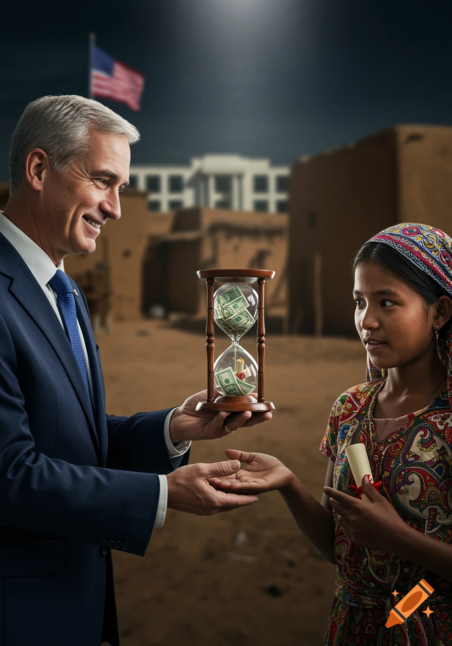 Photorealistic image of a diplomat offering an hourglass filled with dollar bills and scrolls to a rural teenage girl in a village, with a US flag and government building in the blurred background.