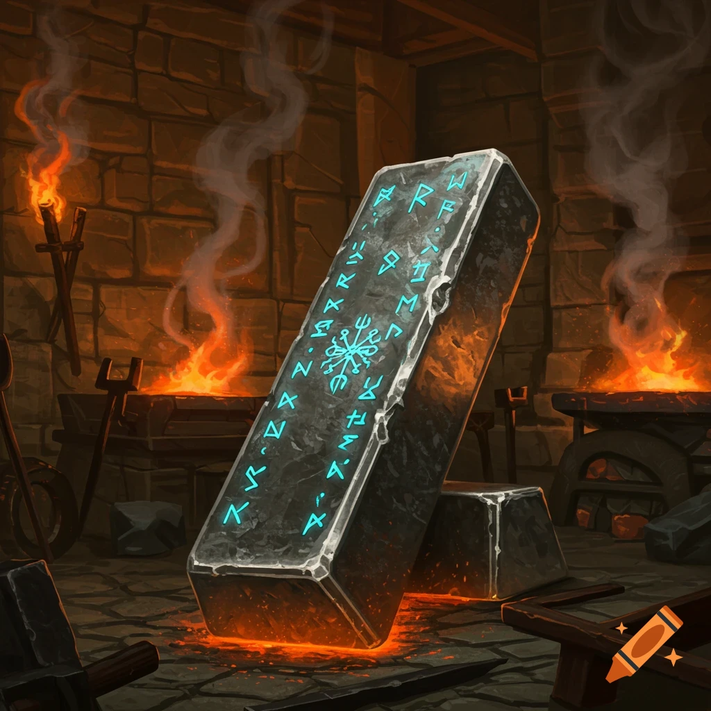 A glowing, runic dwarven steel ingot stands upright in a fiery forge, surrounded by anvils and tools in a stone chamber. Fantasy art.