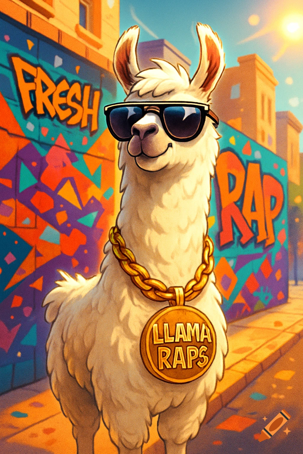 Cartoon llama wearing sunglasses and a gold chain with 'LLAMA RAPS' medallion, standing in front of a colorful graffiti wall with 'FRESH RAP'. In a vibrant, illustrative style.