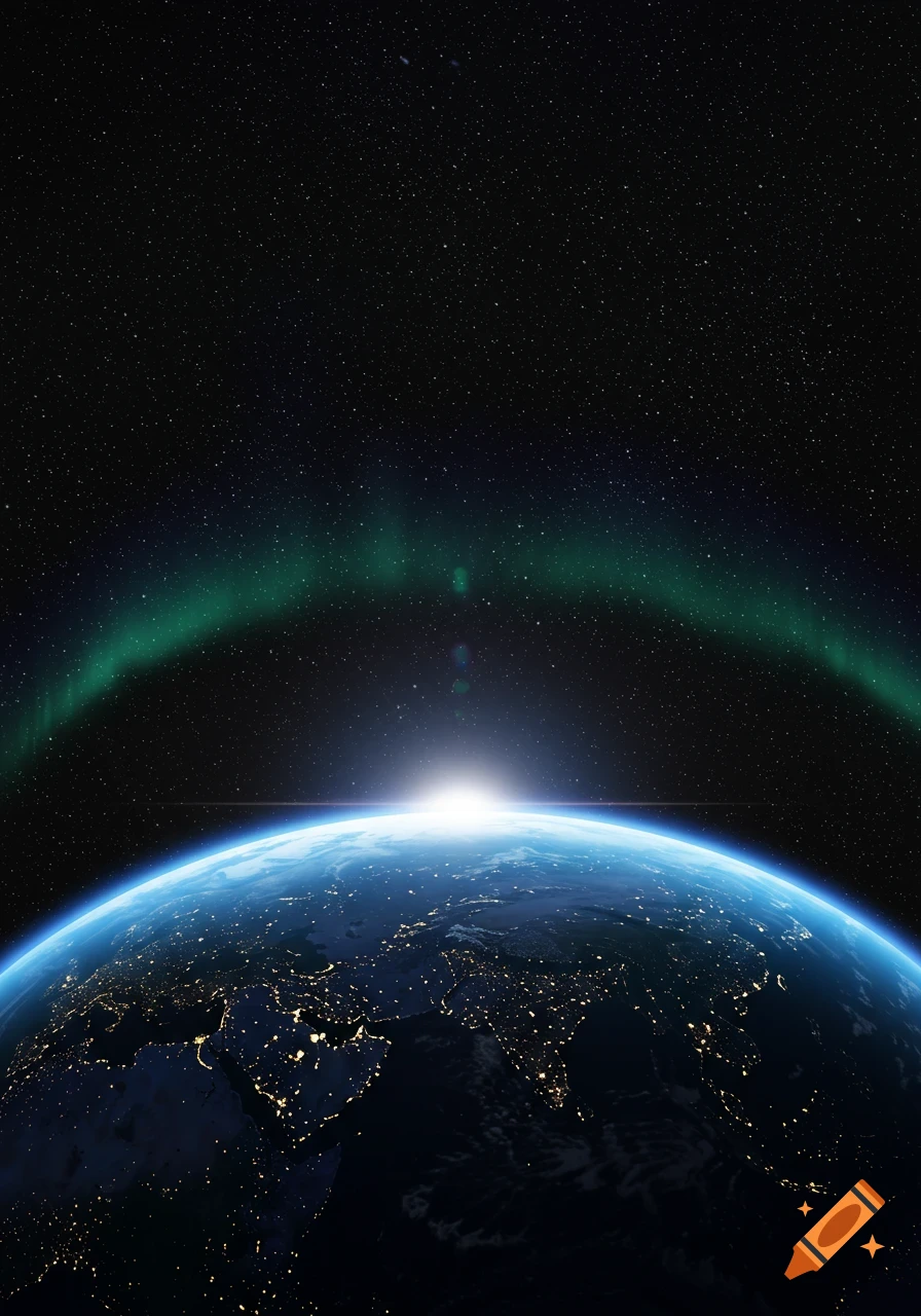 Earth from space at sunrise, with visible city lights and a vibrant green aurora glowing across the dark starry sky.