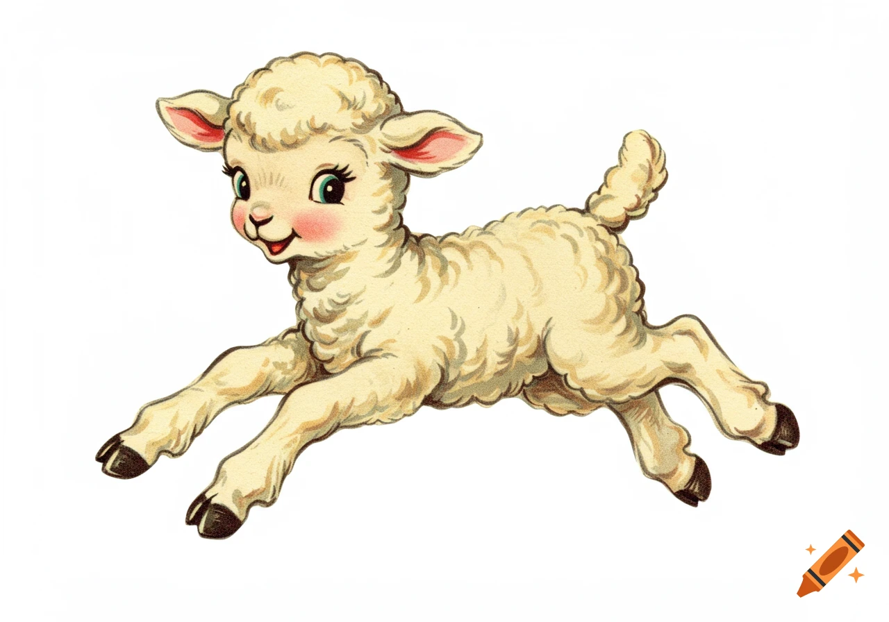 Cute 1940s-style nursery illustration of a cream lamb with rosy cheeks and large eyes, mid-jump on a white background.