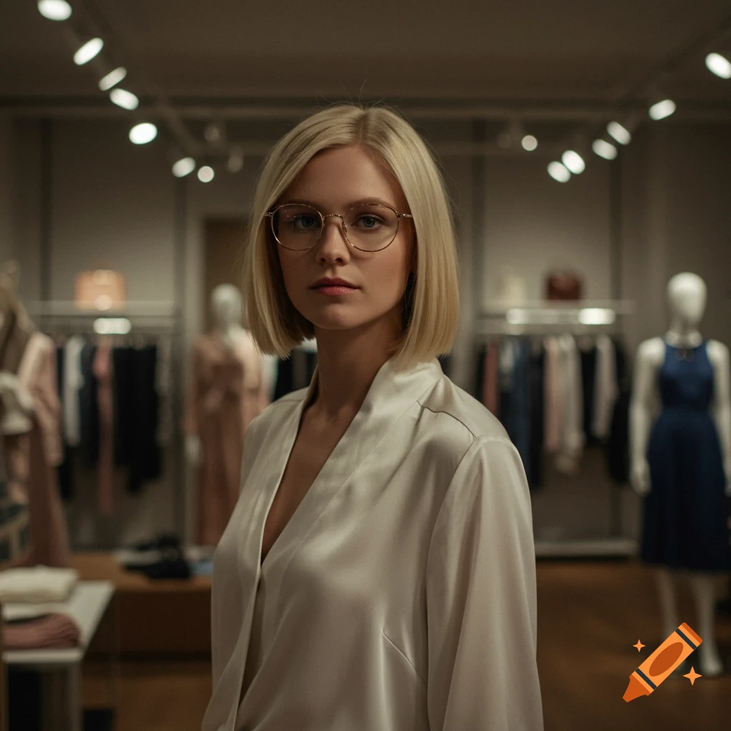 Photorealistic portrait of a blonde woman with a bob cut and glasses wearing a silky white shirt in a clothing store.