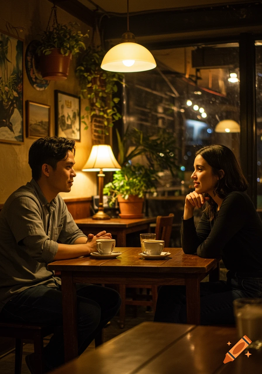 A man and a woman talk across a table in a warm, dimly lit cafe, two cups of coffee between them.