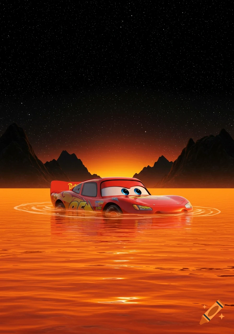 Lightning McQueen from Disney Pixar's Cars sinking into a glowing orange ocean, under a dark, starry sky with black mountains.