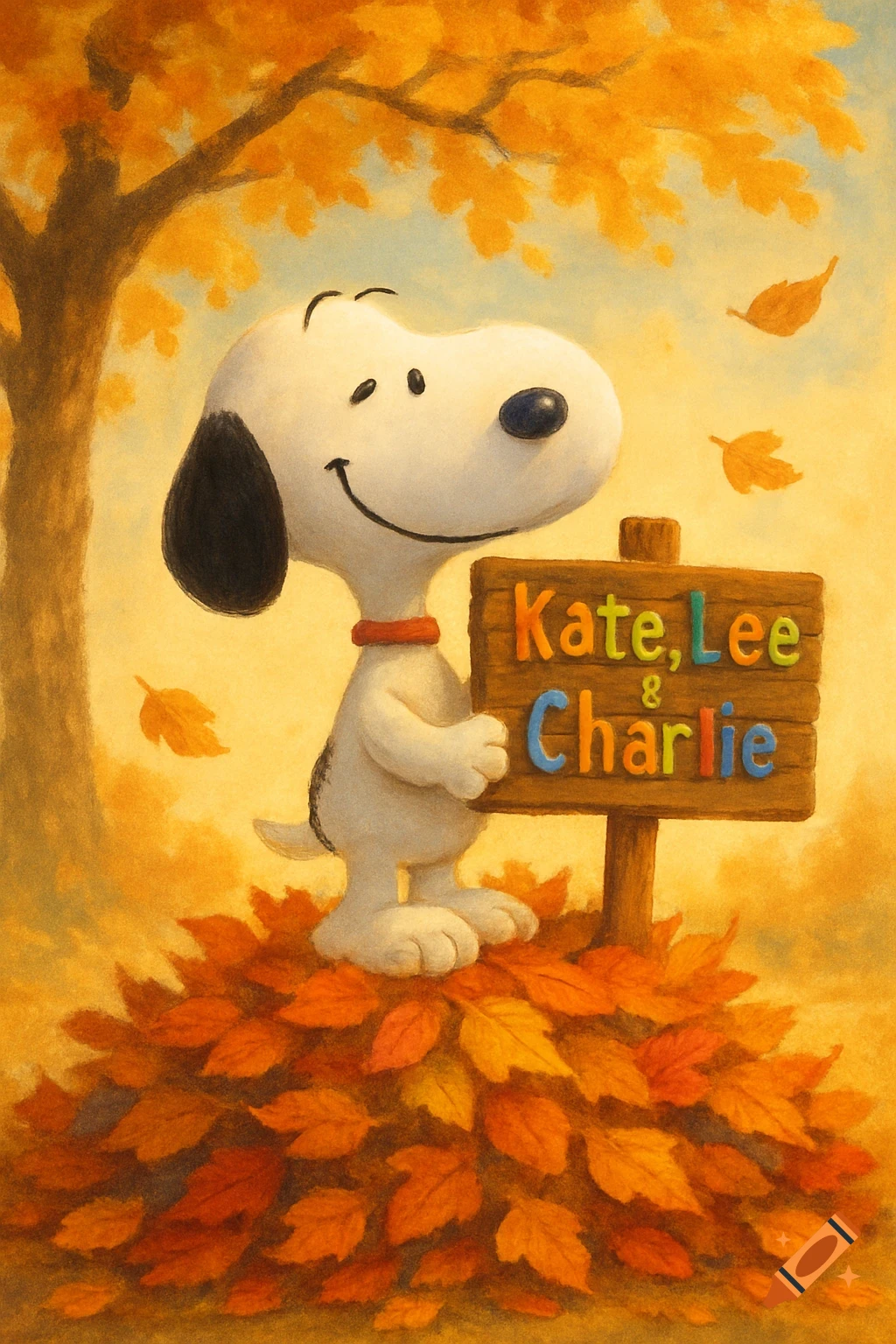 Painterly illustration of Snoopy on autumn leaves, holding a sign reading "Kate, Lee & Charlie" under a fall tree.