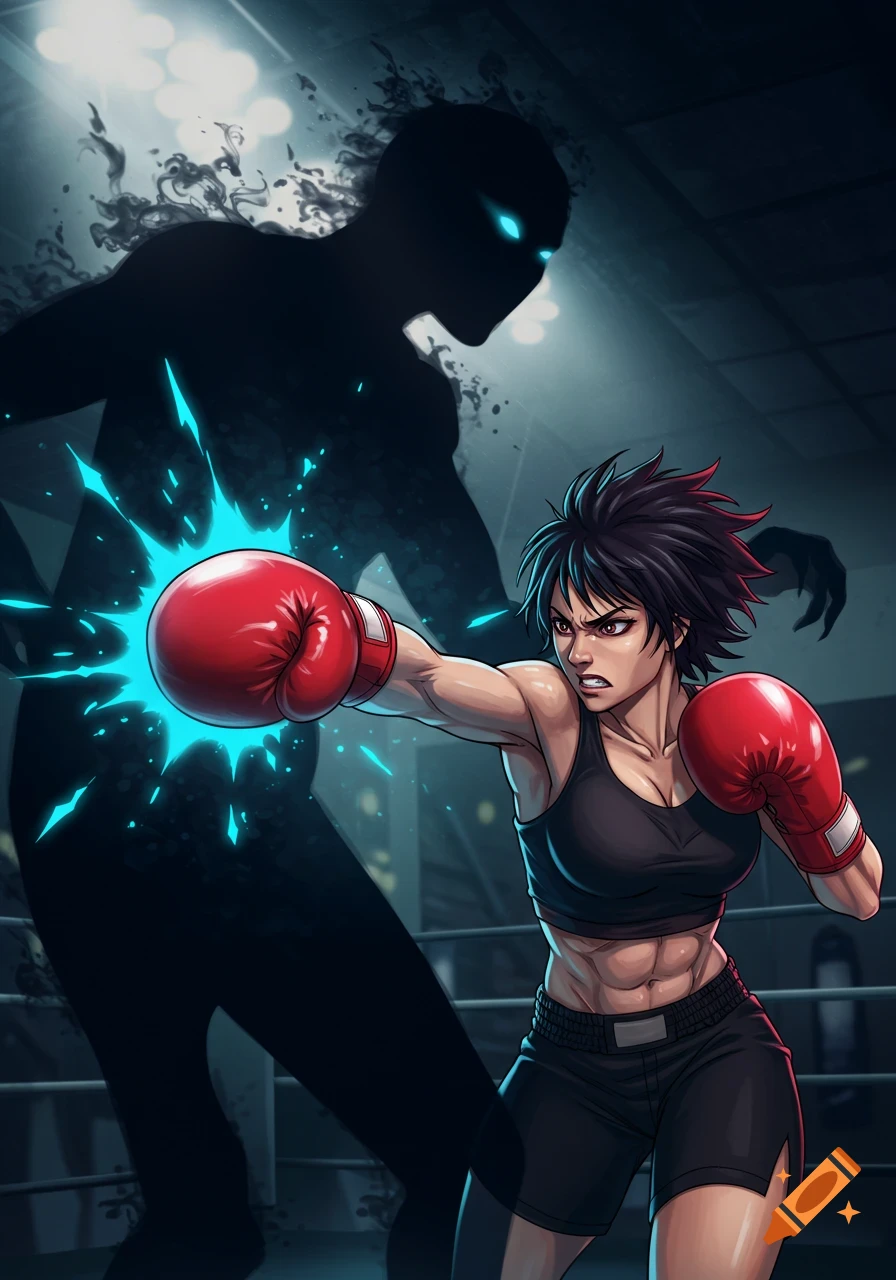 Anime-style female boxer in red gloves and sports bra intensely punches a shadowy figure in a boxing ring.