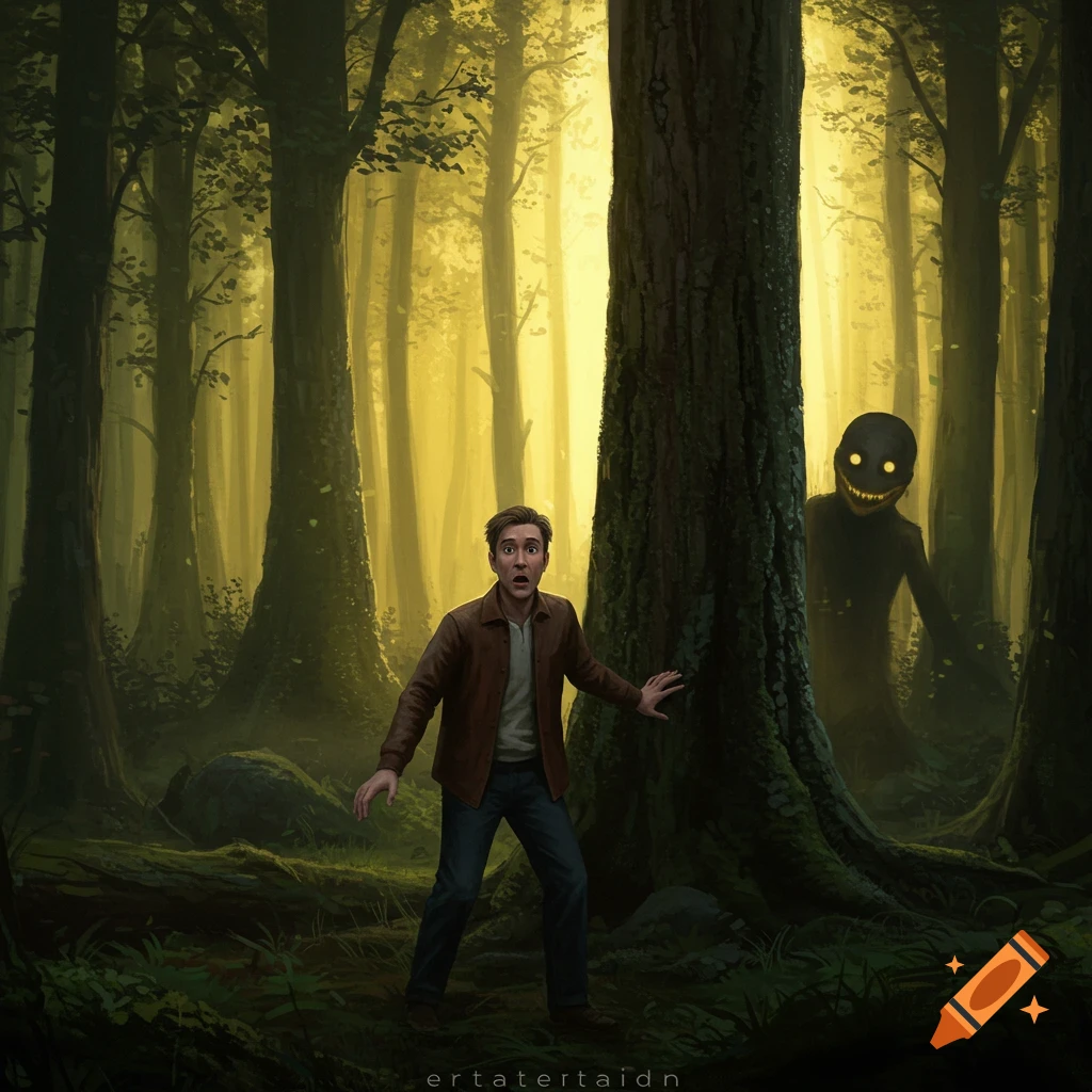 A scared man stands in a dark forest, looking shocked as a shadowy monster with glowing eyes and a grin peeks from behind a tree. Digital painting.