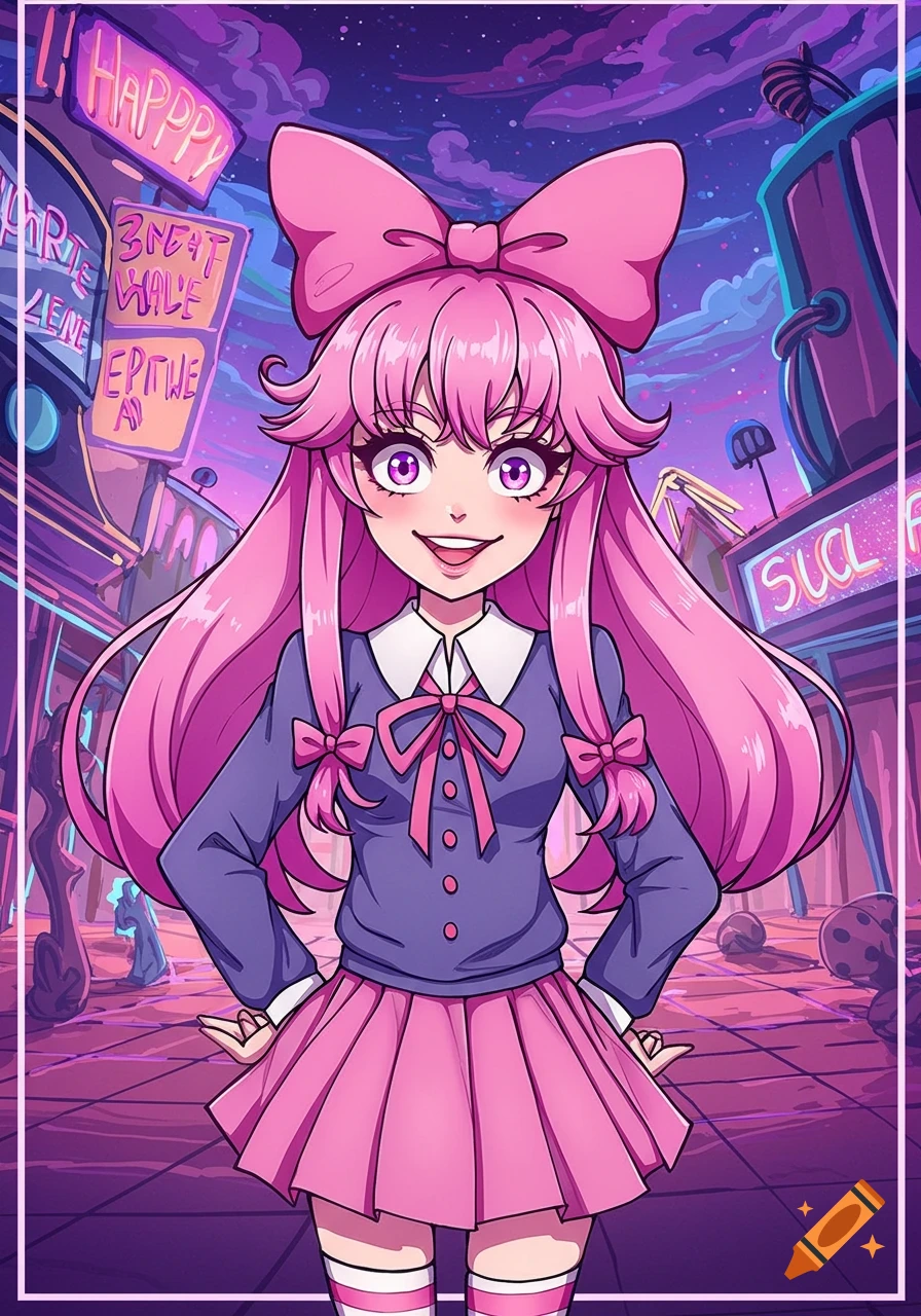Anime girl with long pink hair and a large bow, wearing a blue cardigan and pink skirt, stands in a neon-lit city street at night in a cartoon style.