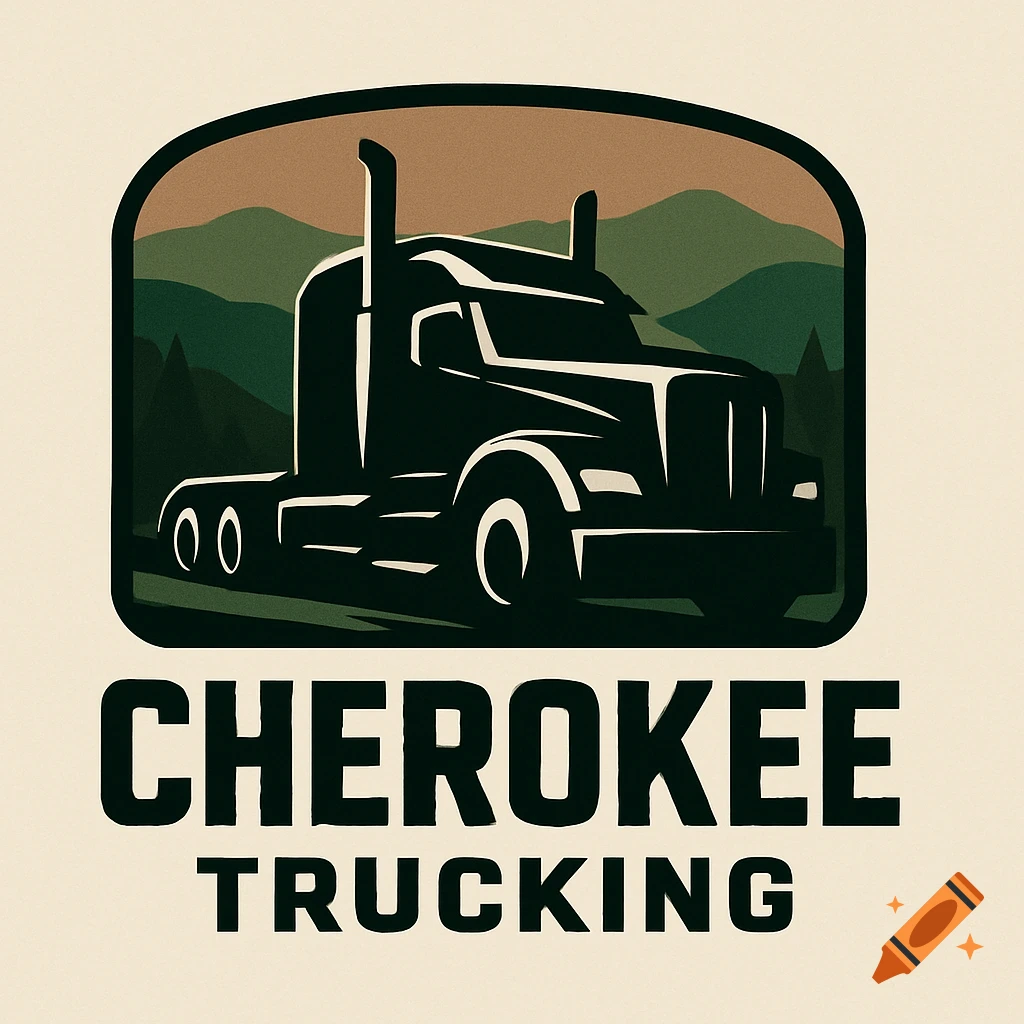 A stylized logo featuring a dark silhouette of a semi-truck against a backdrop of green mountains and a brown sky, with 'CHEROKEE TRUCKING' in bold text below.