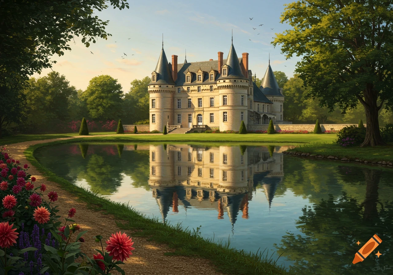 A grand French chateau reflects in a calm pond, bordered by a flower-lined path and lush green trees under a bright sky.