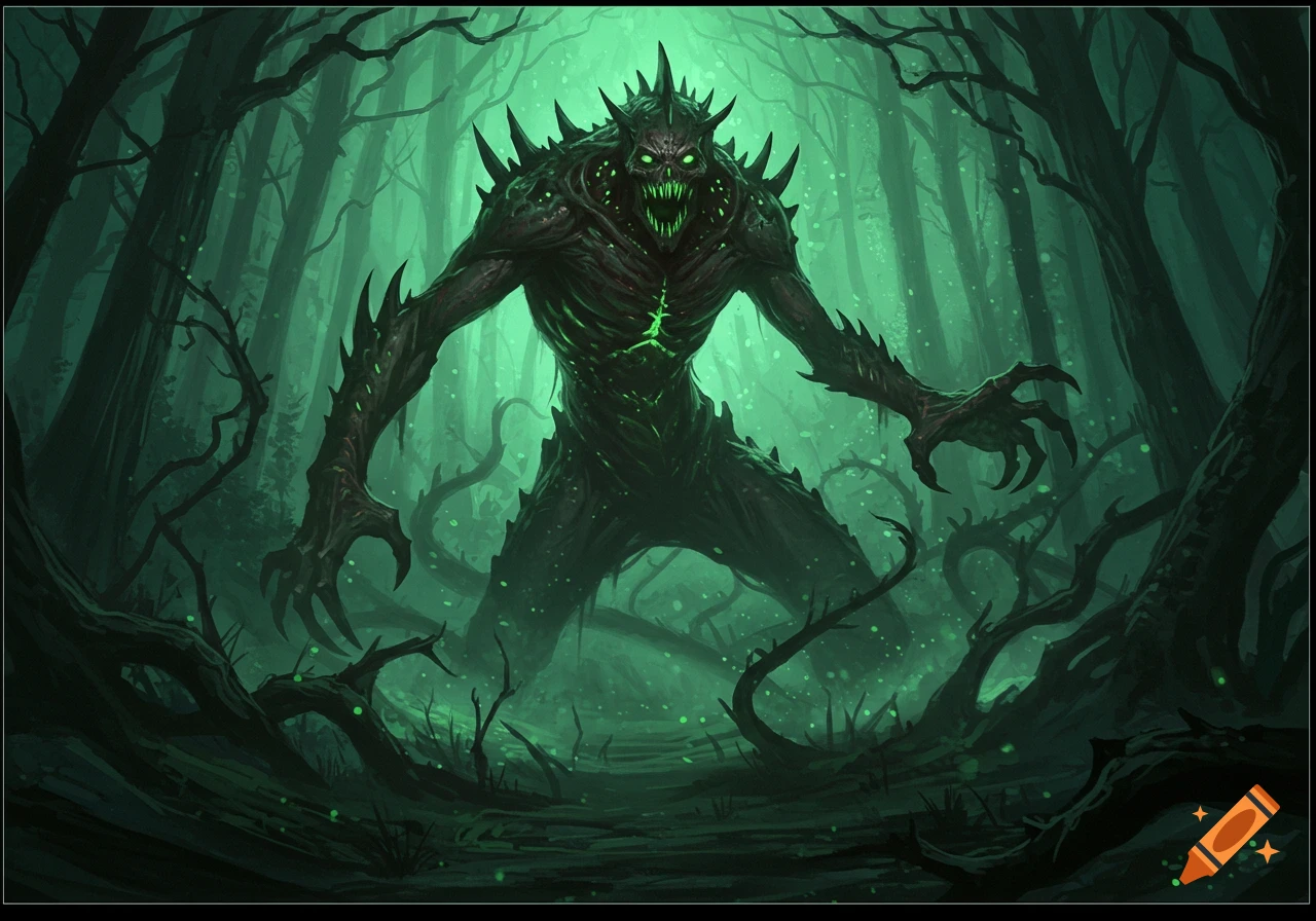A terrifying, spiky, dark green monster with glowing eyes and sharp teeth stands in a dark, eerie forest.