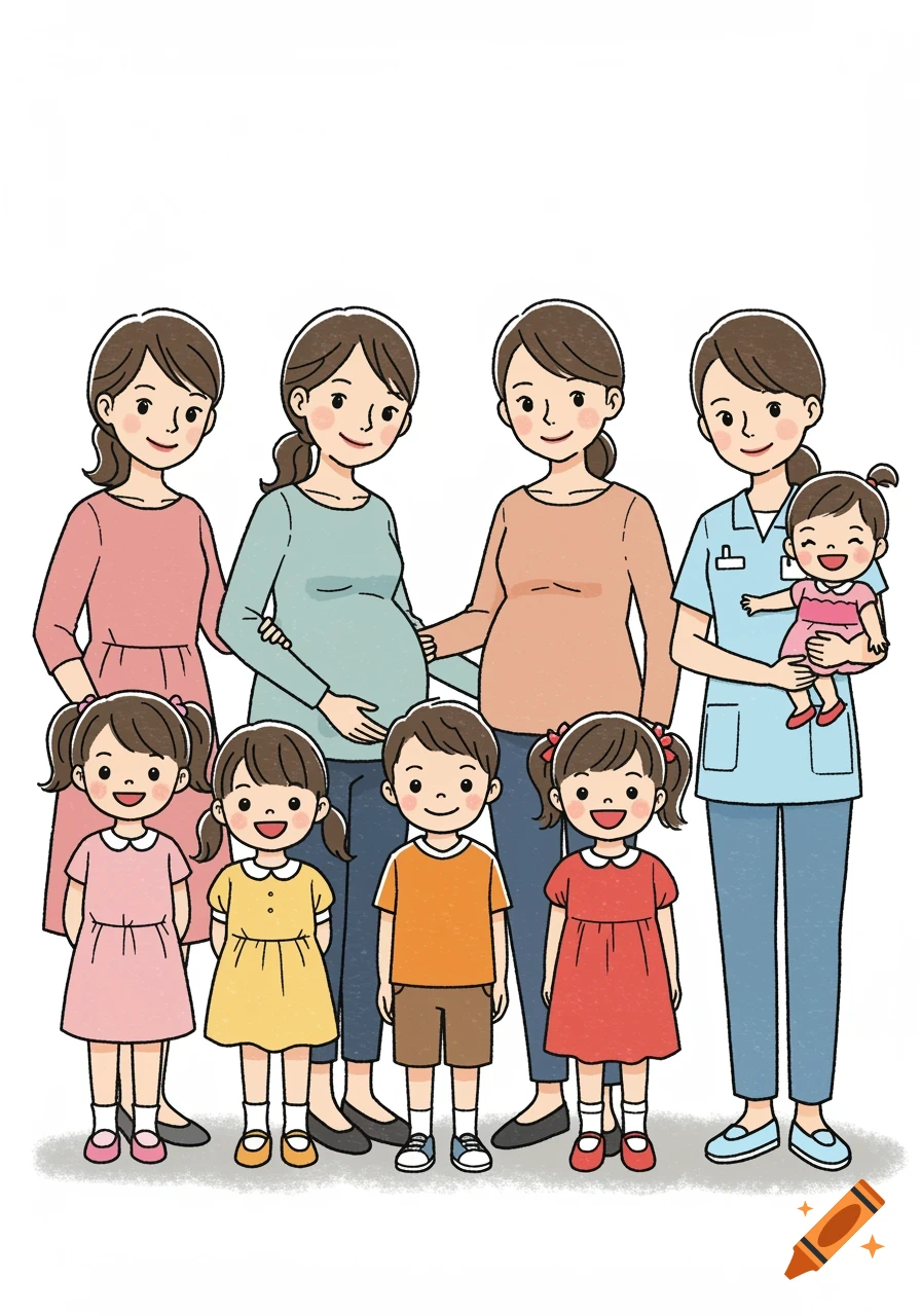 A happy cartoon group portrait of smiling women, some pregnant, and several children of various ages, standing together. One woman is a nurse holding a baby.