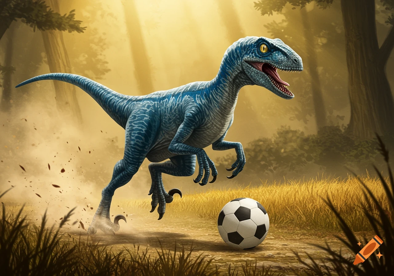 A blue velociraptor running towards a soccer ball on a forest path, illustrated in a dynamic style.