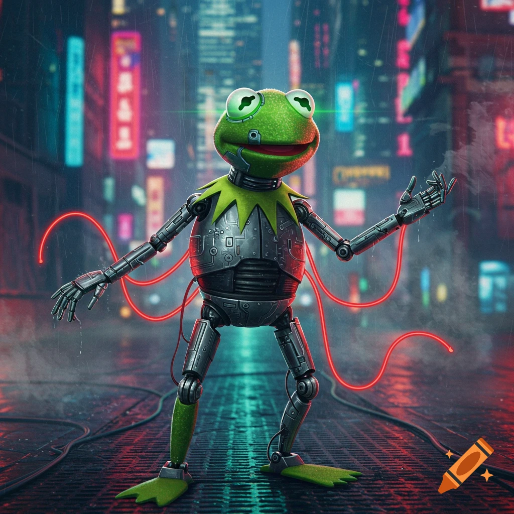 Robotic Kermit the Frog on a wet street in a neon-lit cyberpunk city, glowing red wires around him.
