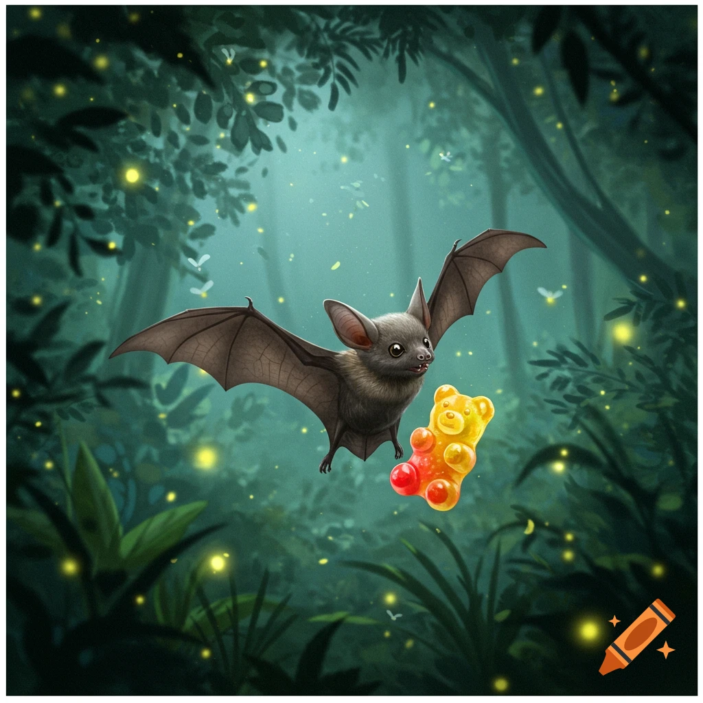 A cute, illustrative bat flies in a glowing forest, holding a red and yellow gummy bear.