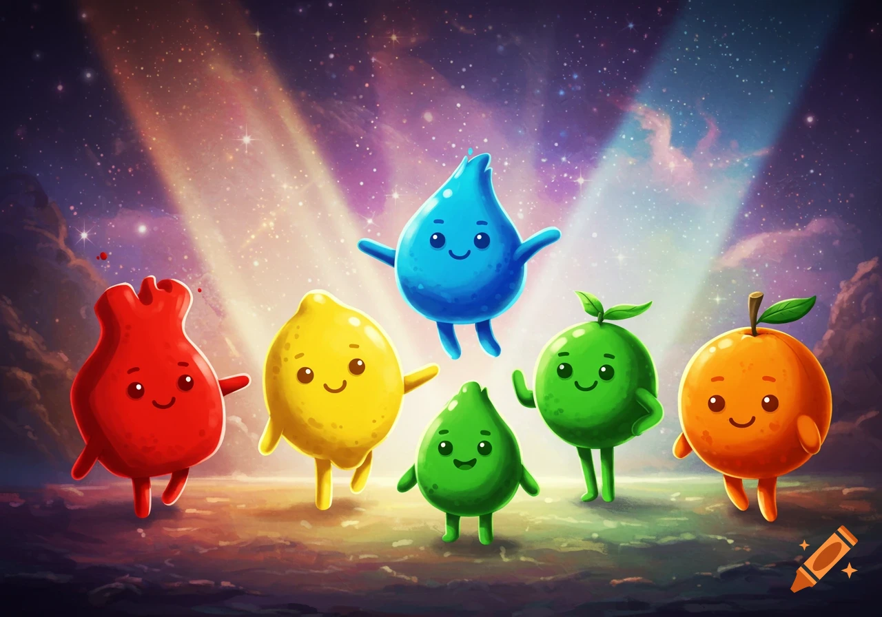 Cute, colorful cartoon characters including a red heart, yellow lemon, blue water drop, green lime, green apple, and orange on a cosmic background.
