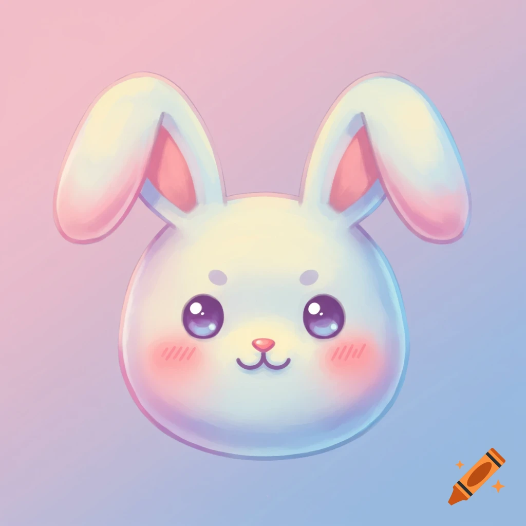 A cute, round white bunny head with large purple eyes, a pink nose, rosy cheeks, and long ears, on a soft gradient background.