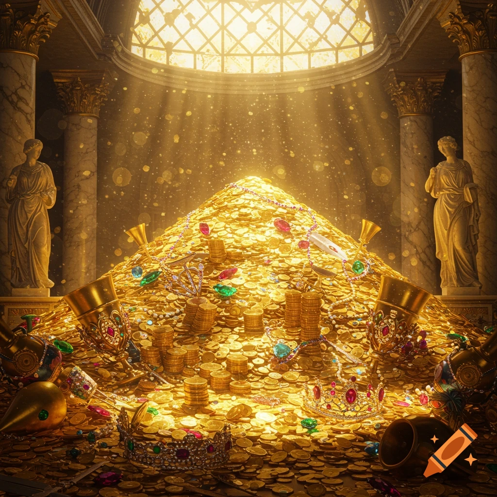 A vast mountain of glittering gold coins and colorful jewels in a grand, sunlit hall with classical pillars and statues.
