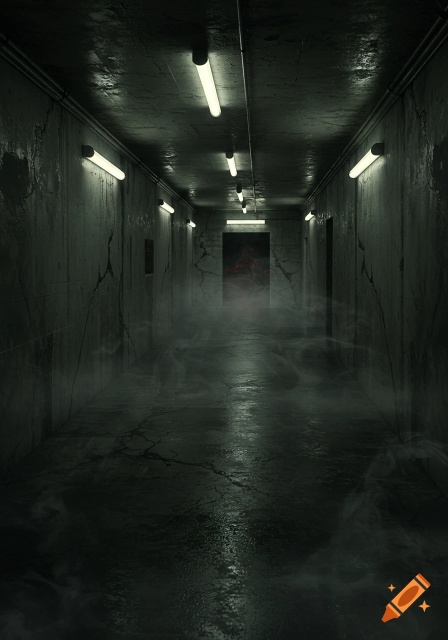 A dark, cracked concrete hallway with fluorescent lights and fog on the floor, leading to a dark doorway with red glowing patterns.
