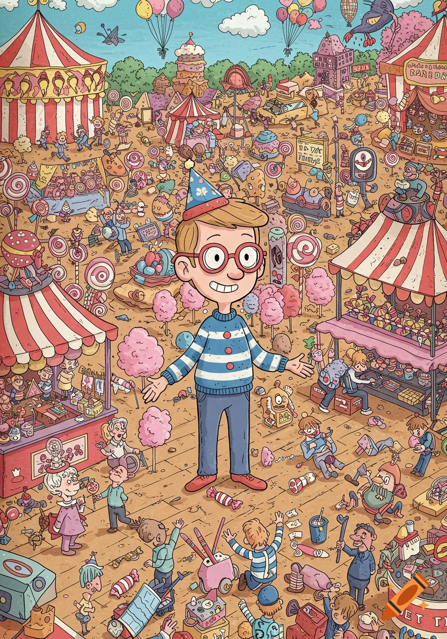 A busy "Where's Waldo" style cartoon scene of a colorful carnival, with a boy in a striped sweater and party hat smiling in the foreground amidst various activities and candy.