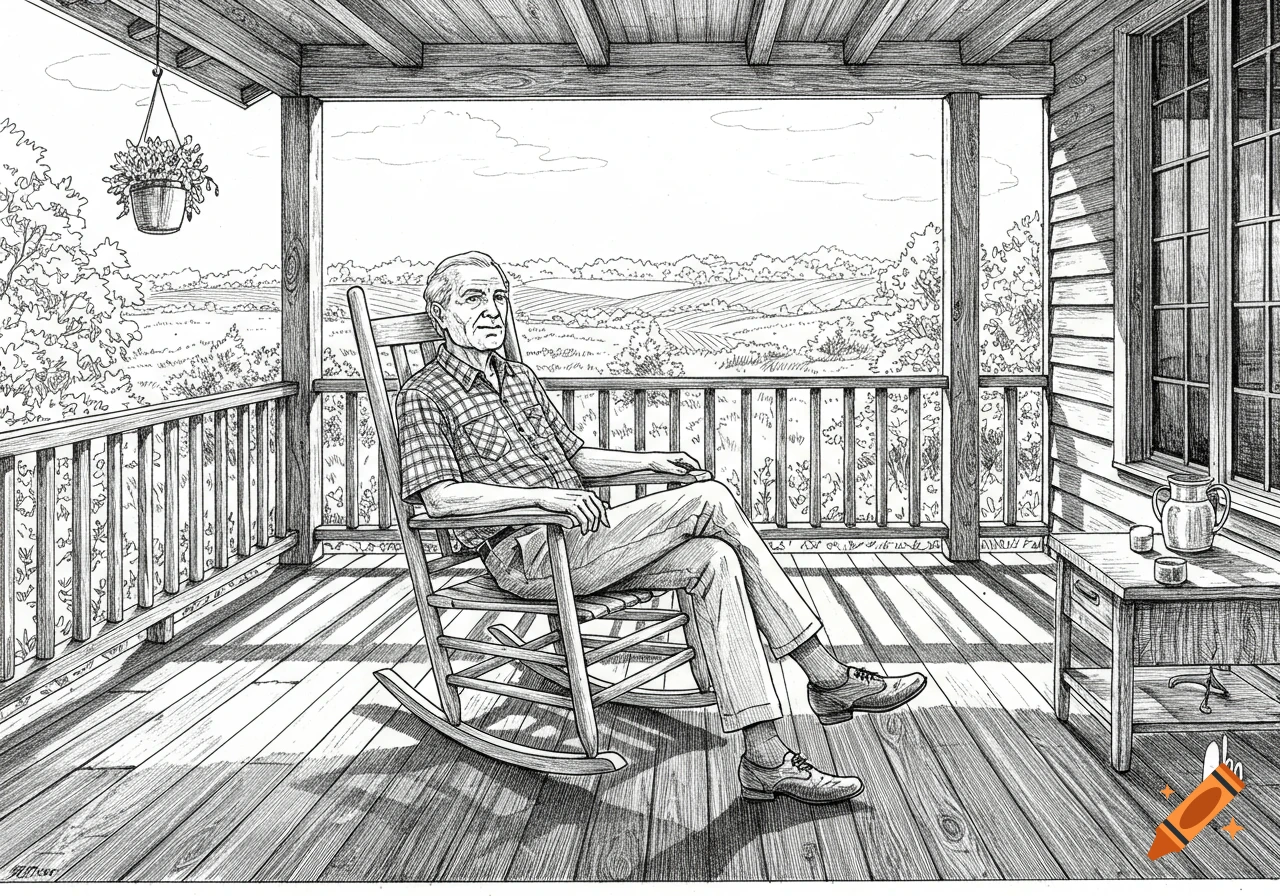 A black and white line drawing of an older man sitting in a rocking chair on a veranda, overlooking fields.