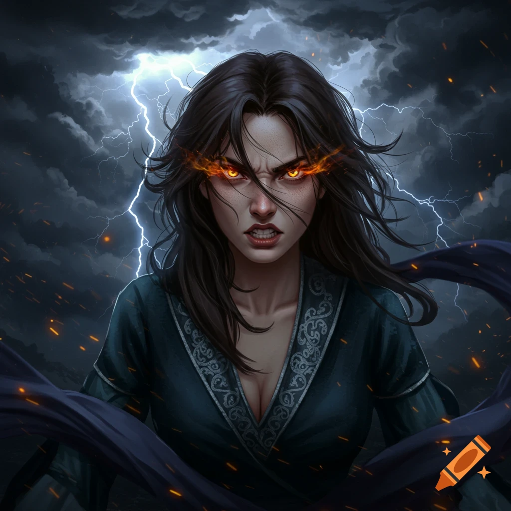 A fierce woman with glowing orange eyes and dark hair, wearing a dark blue robe, against a stormy sky with lightning.