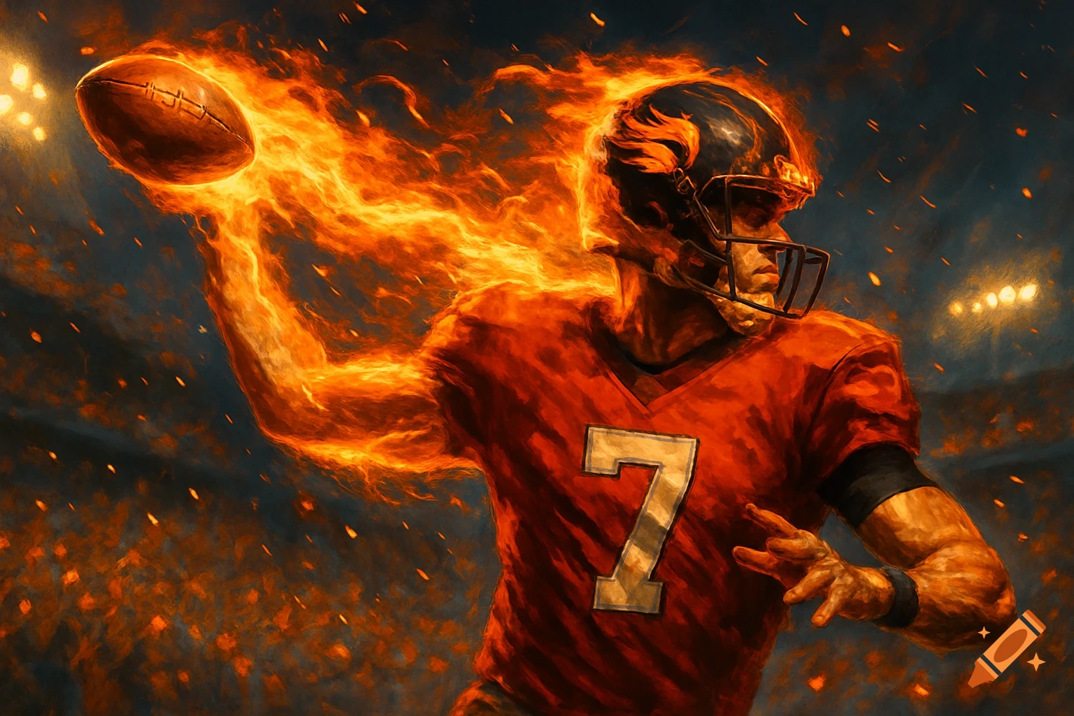 A fiery football quarterback in a red number 7 jersey throws a flaming football in a stadium.